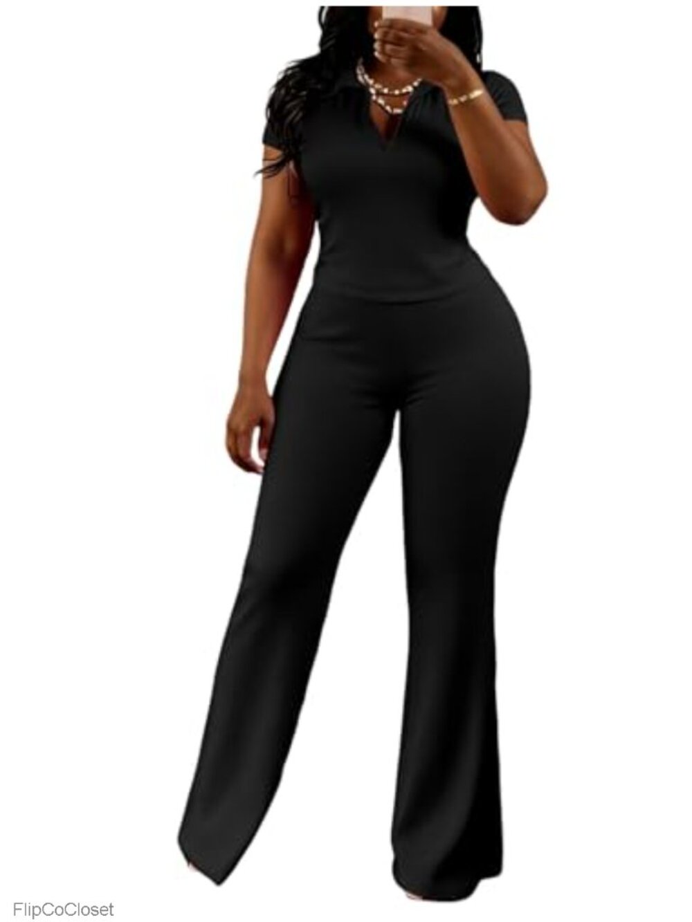 2 Piece Lounge Set for Women Slim Fit V Neck Polo Top Flared Pants